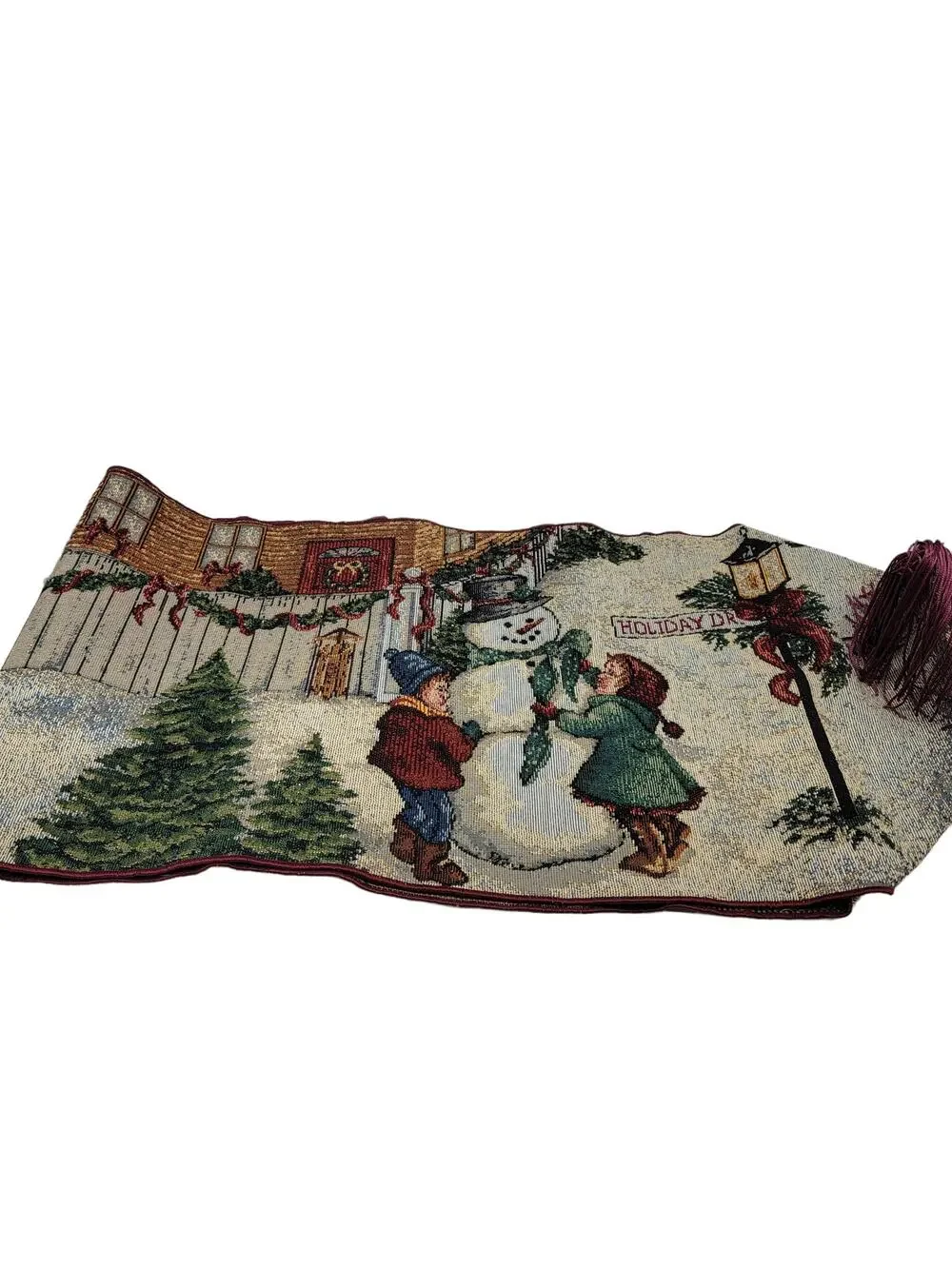 Vintage Christmas Holiday Snowman Table Runner with Tassels Size 72x13 Tapestry